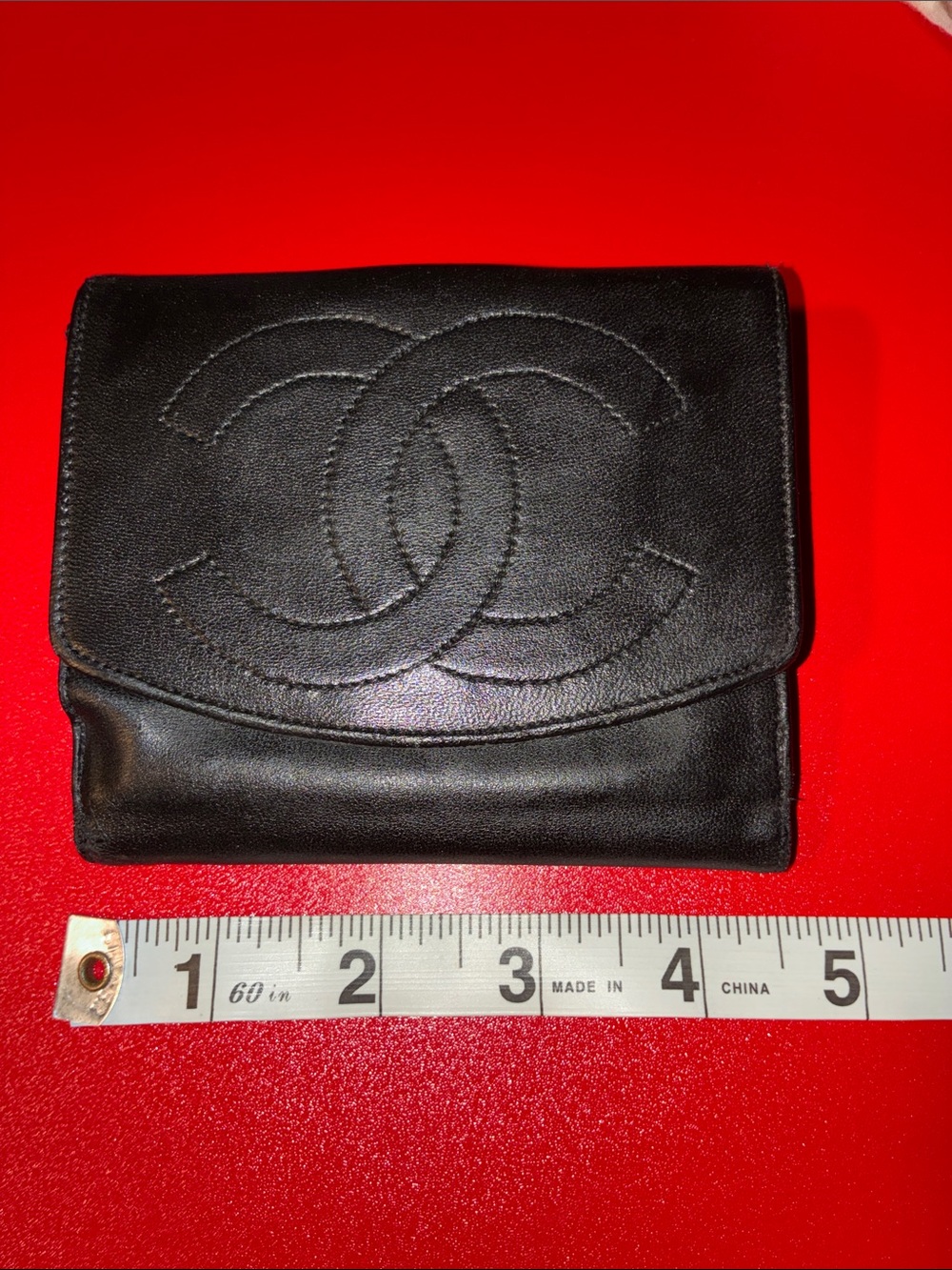 CHANEL Black Calfskin Leather Tri-Fold Wallet with Stitched CC Emblem